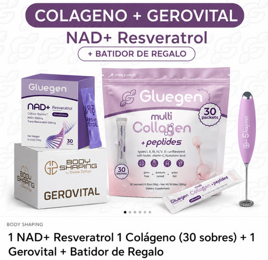 1 NAD+ Resvertrol 1 Colágeno + 1 Gerovital  + Batidor de Regalo