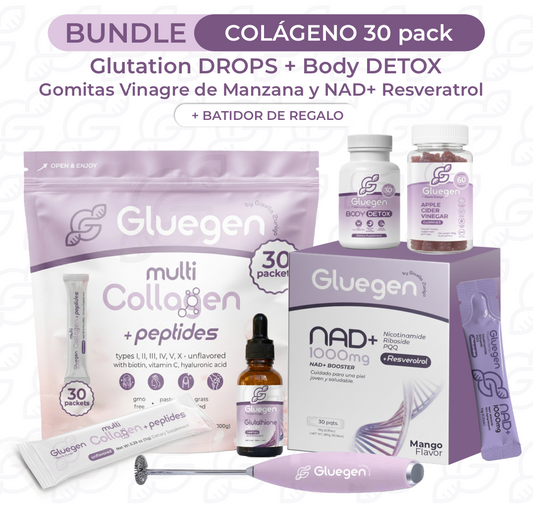 NUEVO BUNDLE• 1 Colágeno en sobres• 1 NAD+ Resveratrol• 1 Glutation DROPS• 1 Body DETOX• 1 Vinagre de Manzana Gomitas • 1 Batidor GRATIS
